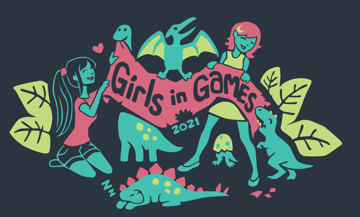 Girls in Games Logo (Cartoon of two girls holding a banner surrounded by cute green dinosaurs)