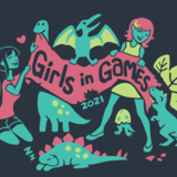 Girls in Games Logo (Cartoon of two girls holding a banner surrounded by cute green dinosaurs)