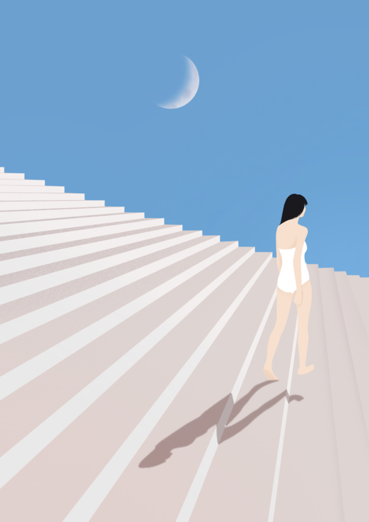 Woman walking down stairs under a blue sky and crescent moon